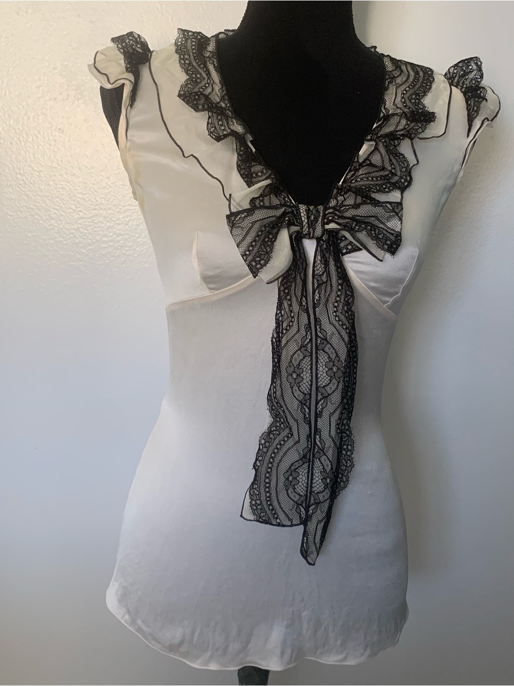 Dolce & Gabbana White Satin Chemise with Black Lace Bow
